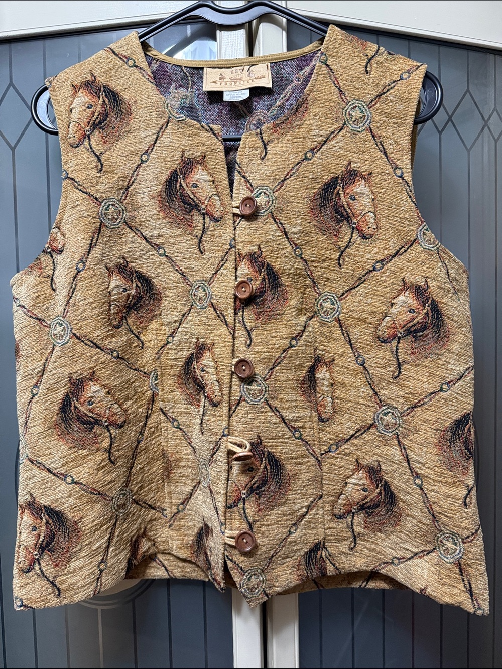 New Frontier Tan Horse-Print Button Front Vest